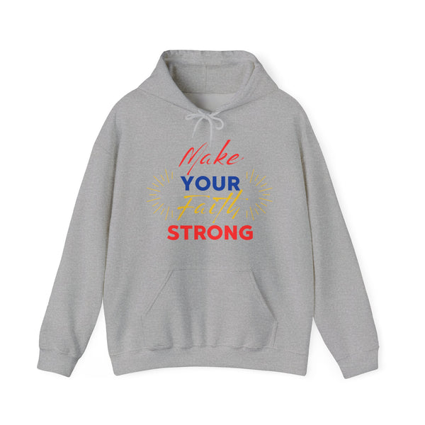 FaithFortress Make Your Faith Strong Unisex Hoodie in S dark heather, crafted with polyester cotton, a versatile piece for casual wear