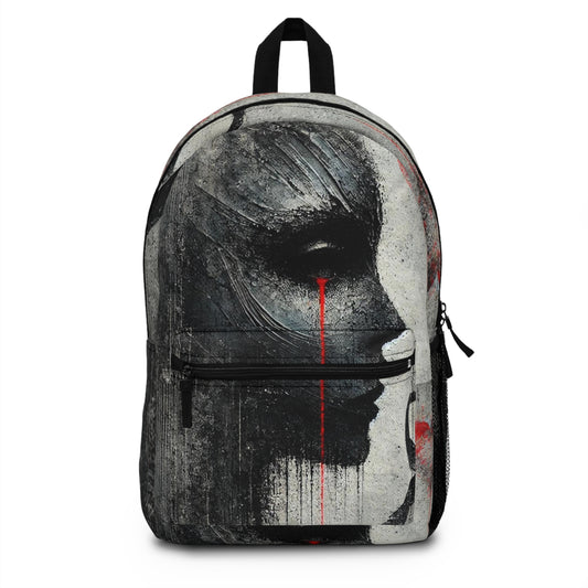 Black and white abstract art backpack with red tear and heart detail.