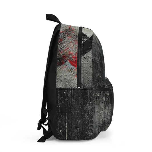 Modern art design backpack featuring a striking face with a red tear.