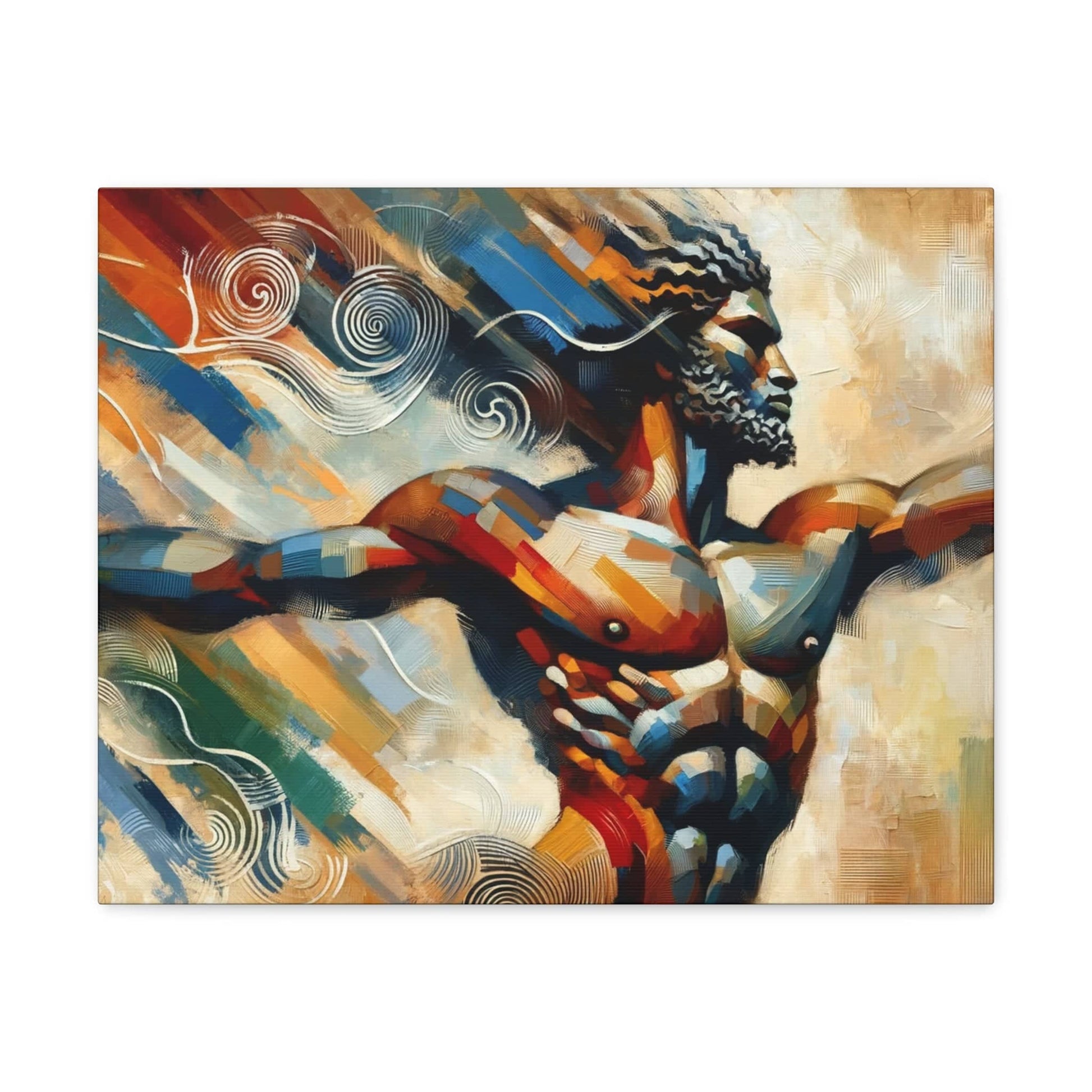 A Whirlwind Warrior Canvas Art depicting a Whirlwind Warrior with his arms outstretched, created by Printify.
