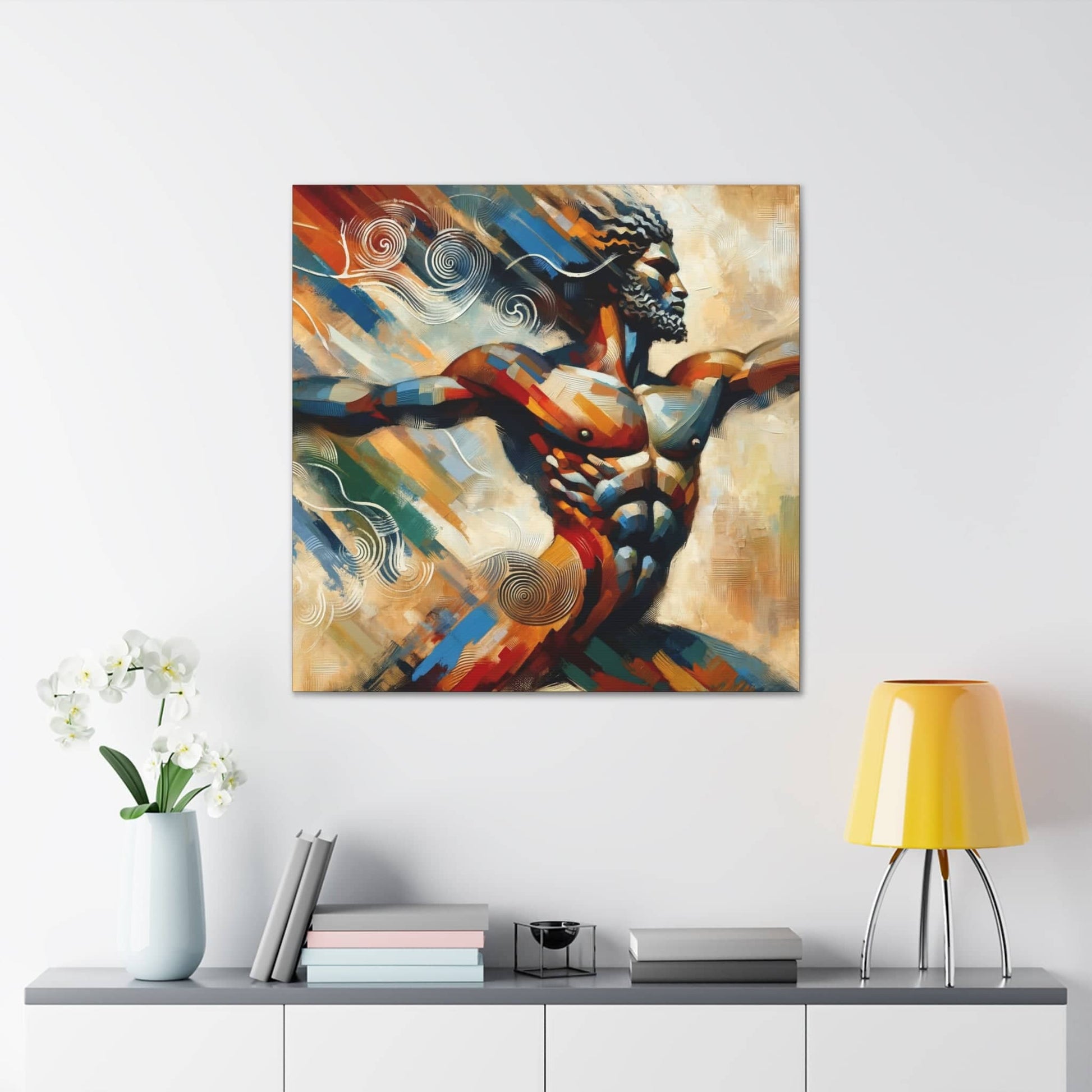 A Printify Whirlwind Warrior Canvas Art, depicting the dynamic motion of a man.