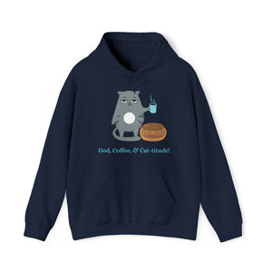 God, Coffee, and Cat-itude Hoodie Hoodie Bigger Than Life Navy S 