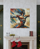 A Printify Whirlwind Warrior canvas art depicting a man in a fireplace surrounded by Christmas stockings.