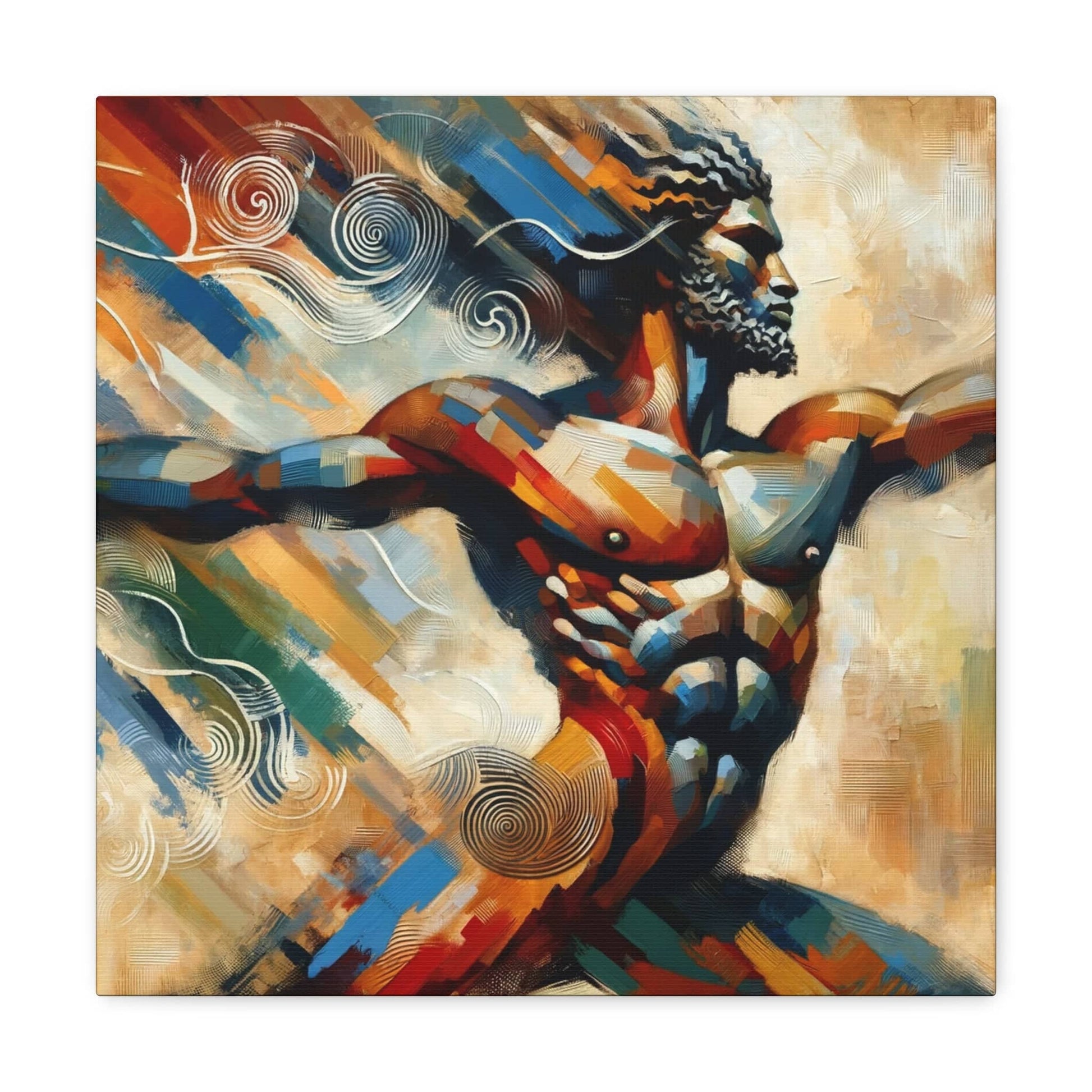 A vibrant, abstract Whirlwind Warrior Canvas Art capturing the dynamic movement of a warrior on canvas by Printify.