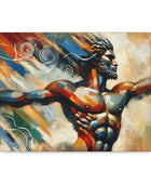 A mesmerizing Whirlwind Warrior Canvas Art by Printify capturing the Whirlwind Warrior with his outstretched arms.