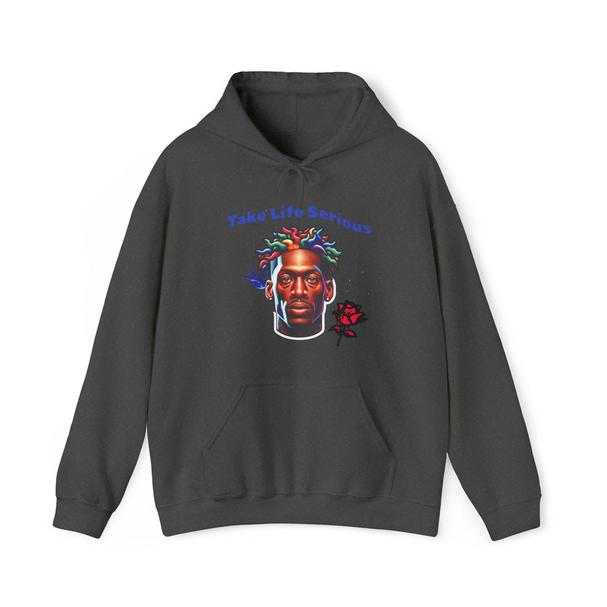 Detailed graphic on a hoodie showcasing a face with rainbow-colored hair, symbolizing depth and diversity.