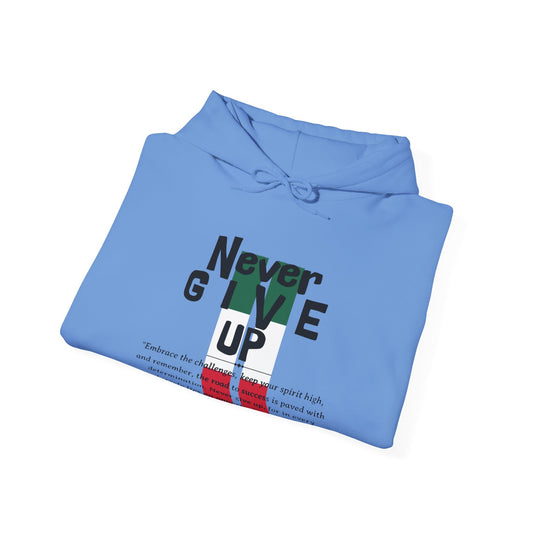 Never Give Up Unisex Heavy Blend Hooded Sweatshirt in M ash, a versatile piece for casual wear