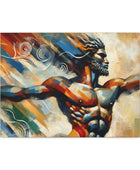 A Whirlwind Warrior Canvas Art depicted on cotton canvas, with his arms outstretched in a striking Printify canvas art.