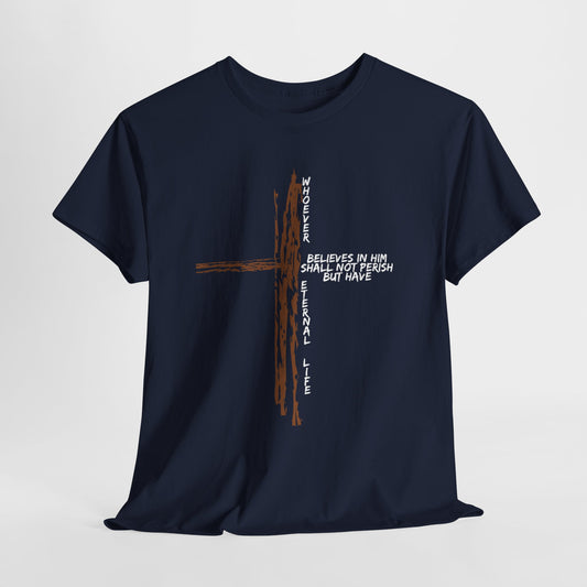 Faith And Strength Inspirational Cross Tee Unisex Cut Sew Tee Aop - T-Shirt in Dark Chocolate by Bigger Than Life Fashions. Features: comfortable fit, urban style, bold design, high quality cotton, streetwear fashion. Perfect for fashion lovers and streetwear enthusiasts.