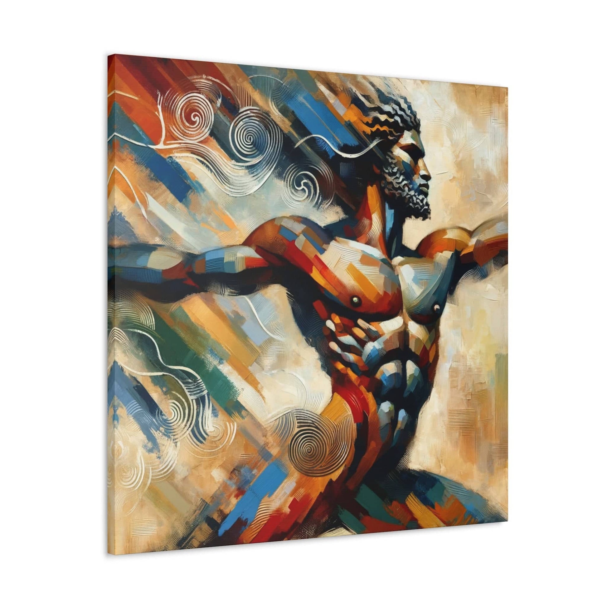 A Printify Whirlwind Warrior Canvas Art depicted in a canvas art painting, with his arms outstretched.
