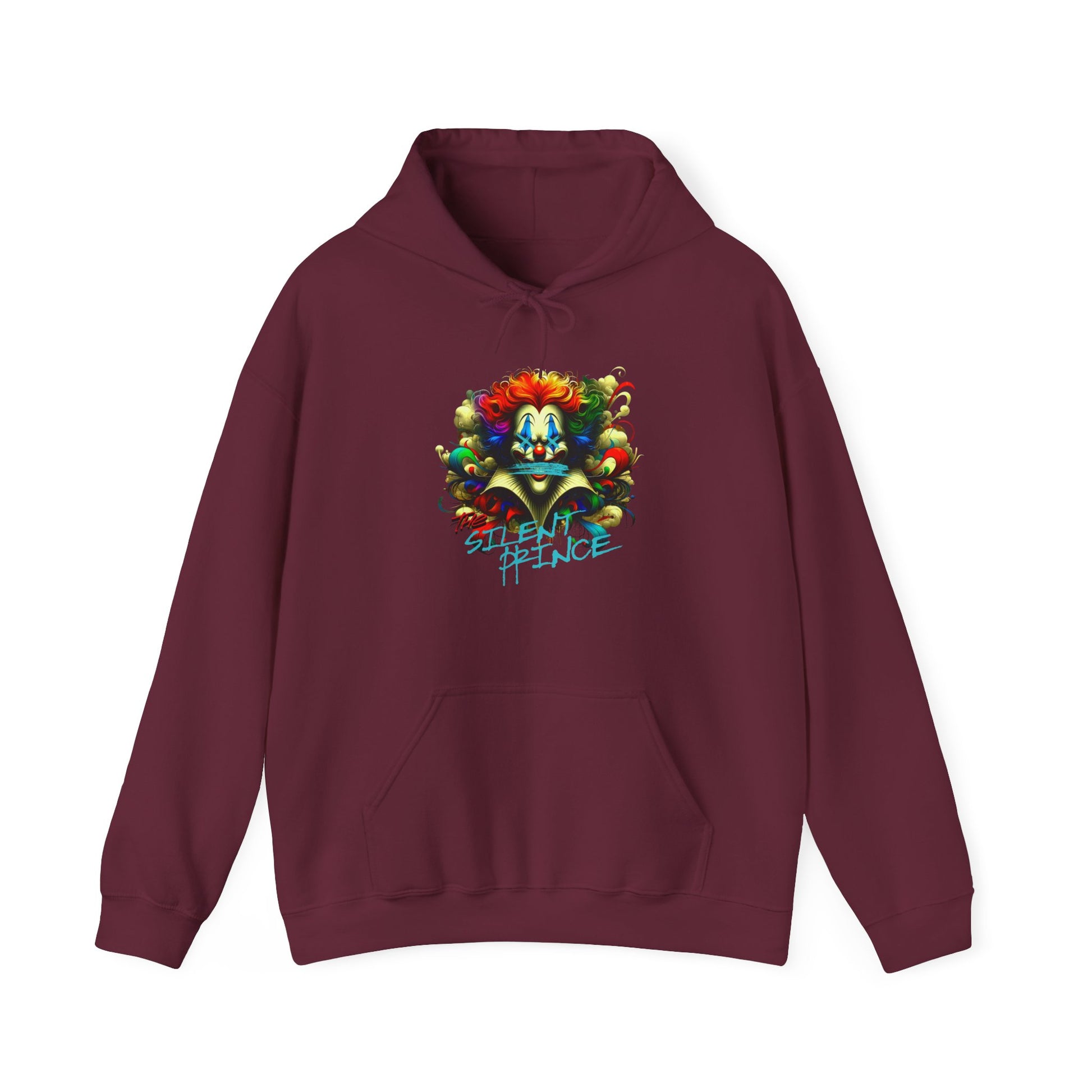 A hooded sweatshirt with a vibrant, silent clown prince, for those whose style speaks volumes in hush tones
