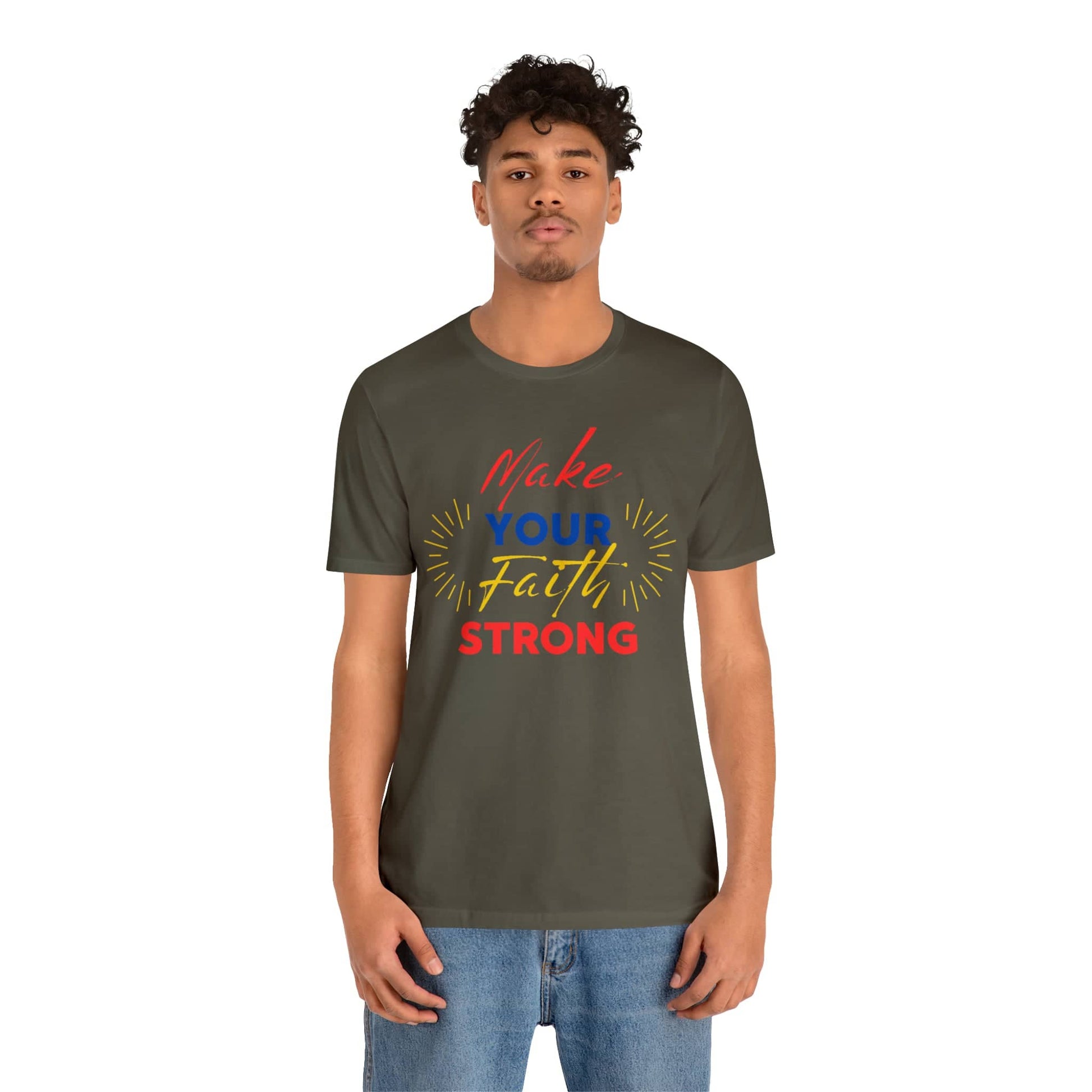 "FaithFortress: Make Your Faith Strong Unisex Tee" T-Shirt Bigger Than Life Army S 