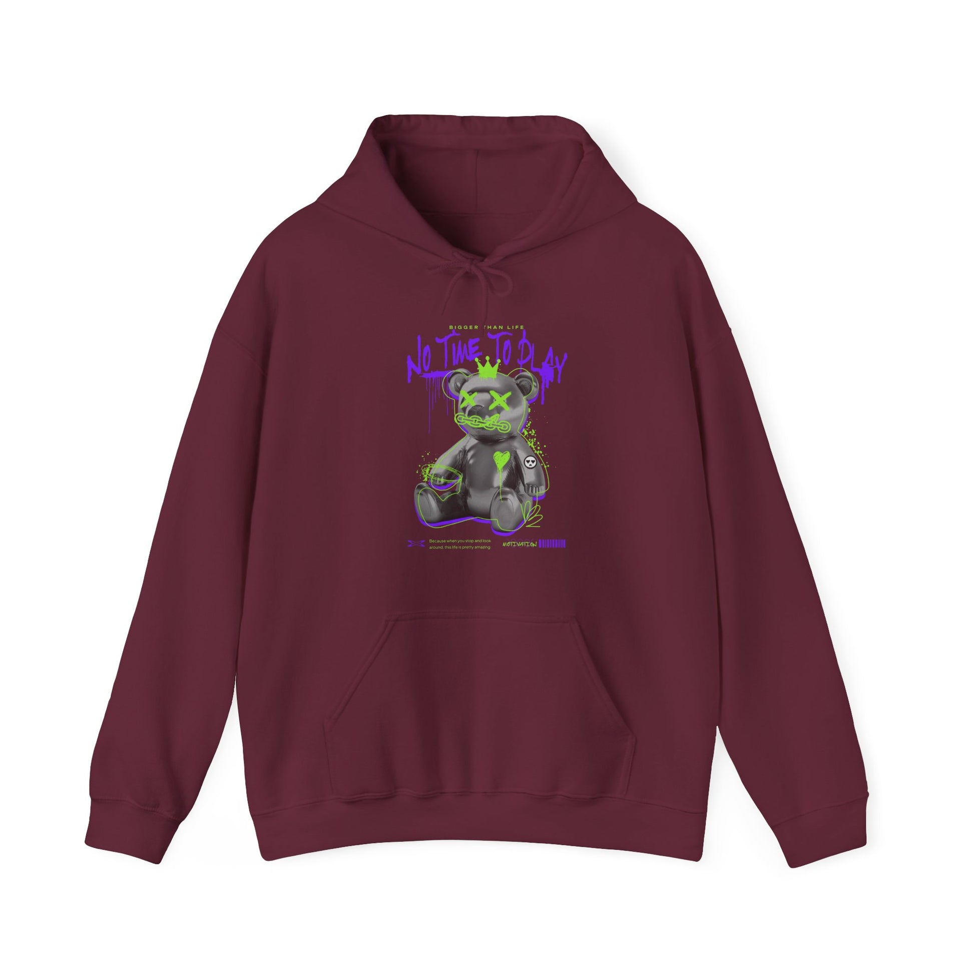 Unisex heavy blend hoodie with a dynamic bear design, blending comfort with a powerful life message.