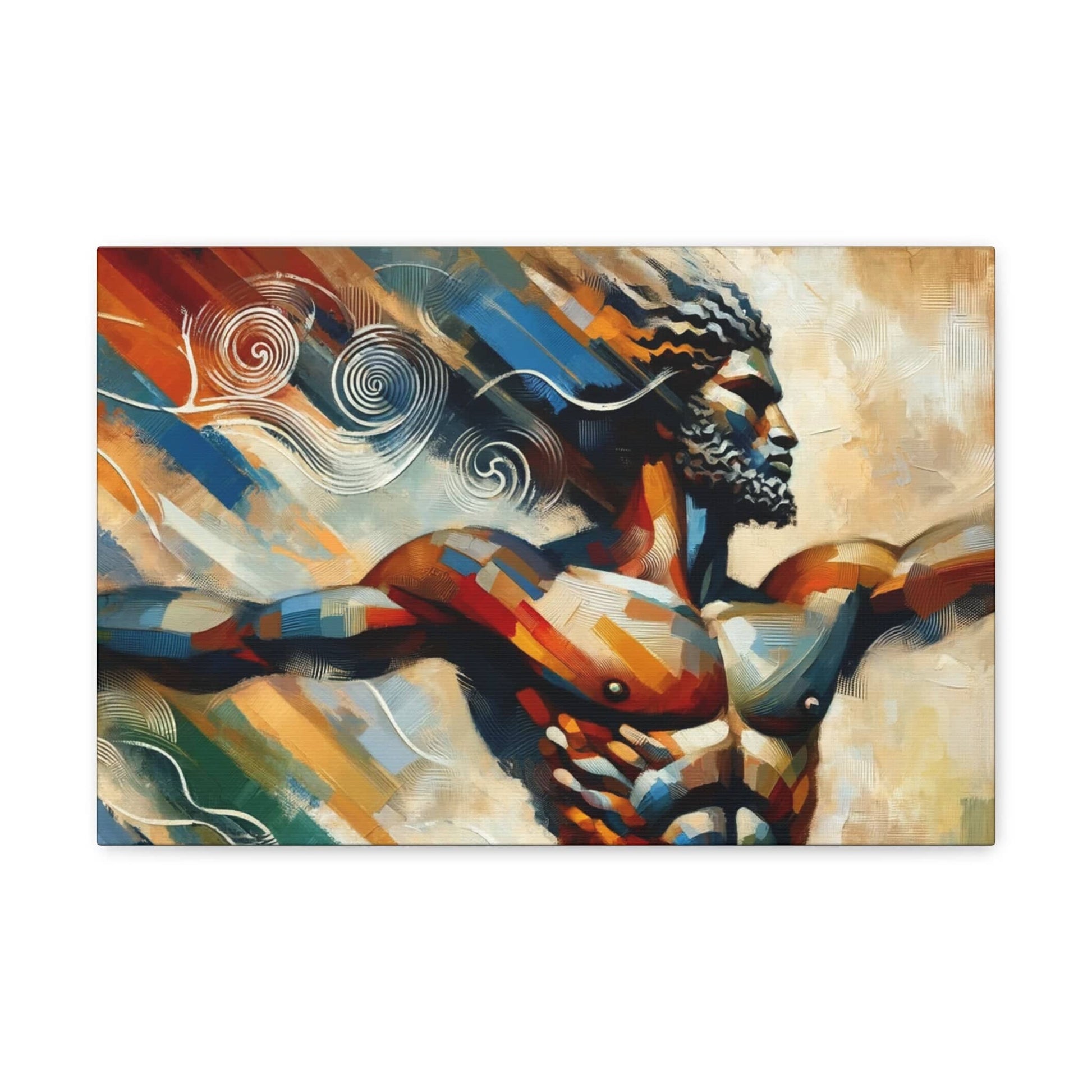 A Printify Whirlwind Warrior Canvas Art portraying a powerful warrior with his arms outstretched in vivid colors.