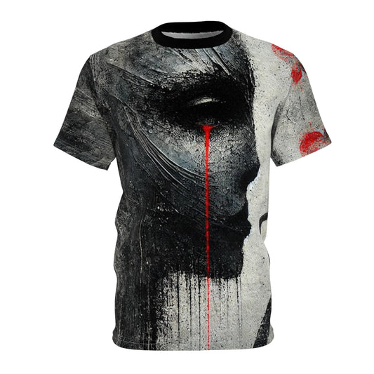 Abstract face graphic tee with red tear detail