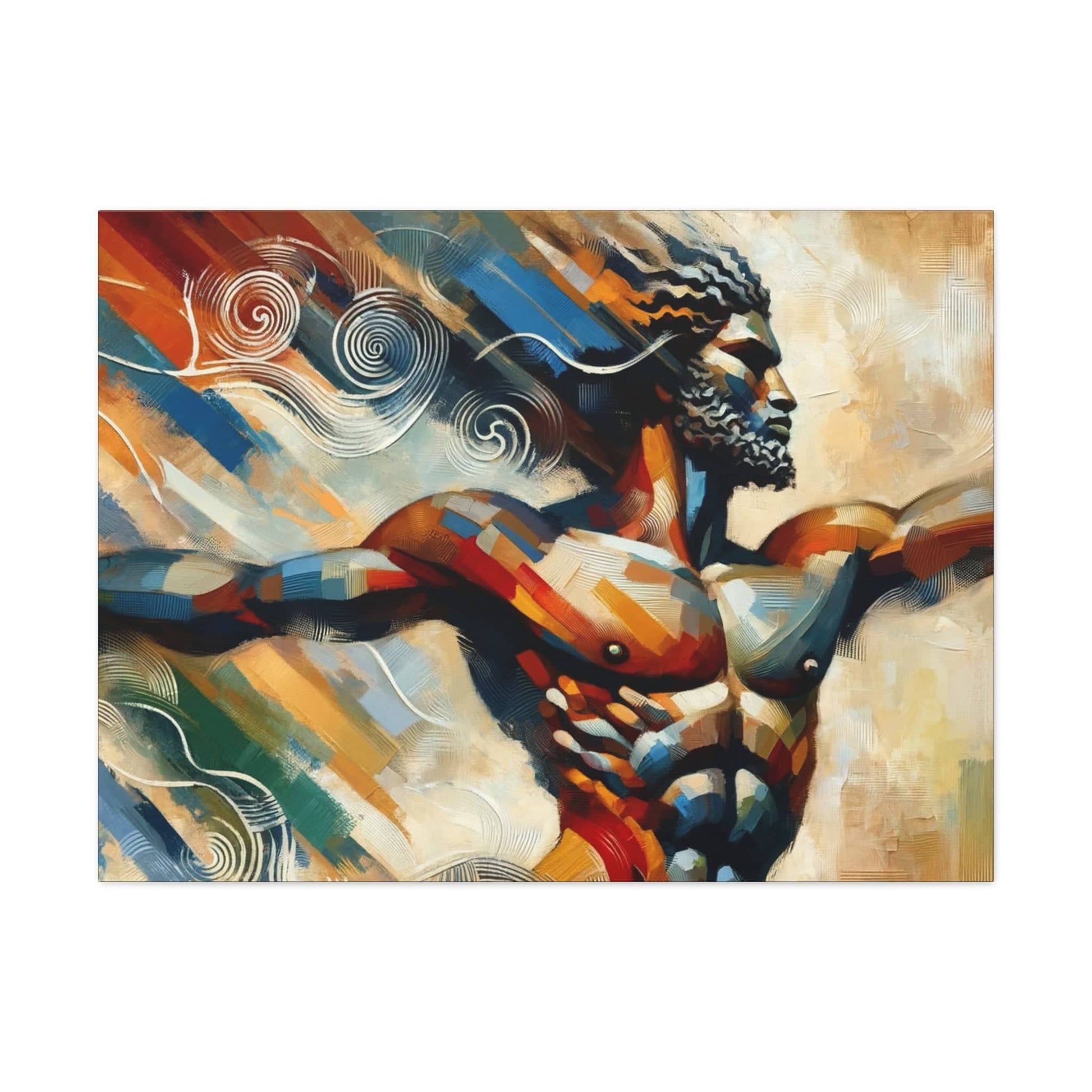 A Printify Whirlwind Warrior depicted in a painting with his arms outstretched, showcased as captivating canvas art.
