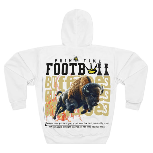 Dynamic Buffalo Blaze Hoodie with a charging buffalo graphic engulfed in flames, symbolizing power and determination.