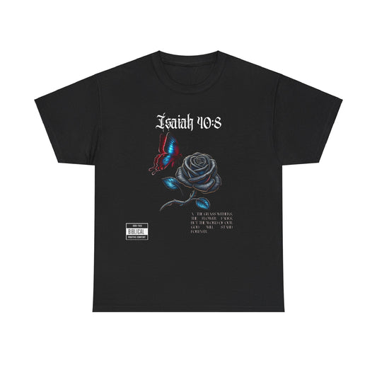 Black t-shirt with blue butterfly and black rose graphic, featuring Isaiah 40:8 scripture.