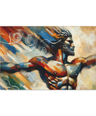 A captivating Whirlwind Warrior Canvas Art portraying the Whirlwind Warrior with his arms outstretched, produced by Printify.