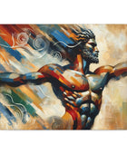 A breathtaking Whirlwind Warrior Canvas Art portraying the Whirlwind Warrior with his arms outstretched, made by Printify.