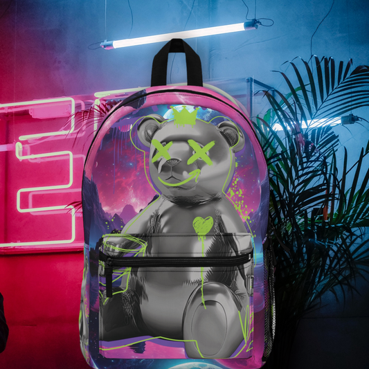 The 'Hustle Bear' backpack featuring a reflective bear design with headphones and vibrant cosmic background.